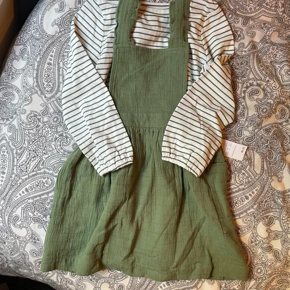 3/$12 Cat&Jack Green Pinafore Dress with Striped Top - Picture 2 of 4
